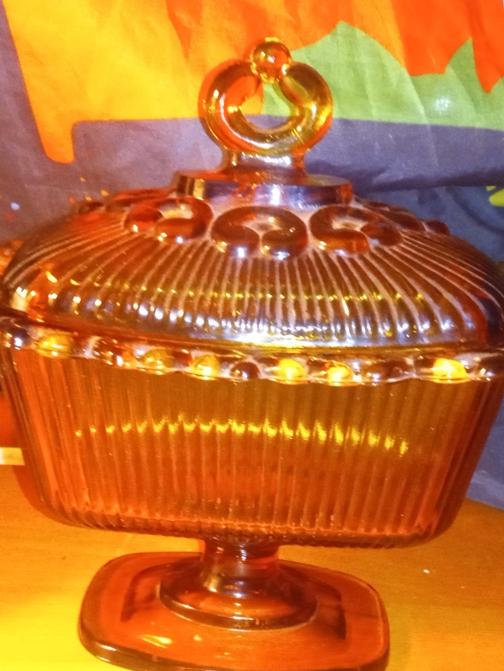 retro vintage amber glass candy dish, Indiana glass open lace edge wedding box